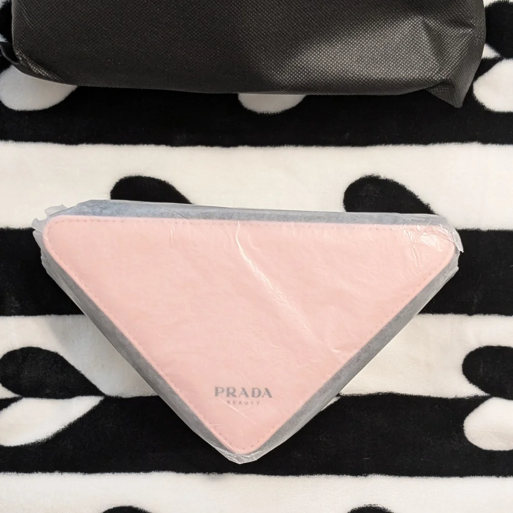 New Prada Beauty Pouch With Dust Bag Cosmetic Bag Pink Black Triangle Zipper Bag - Picture 3 of 11